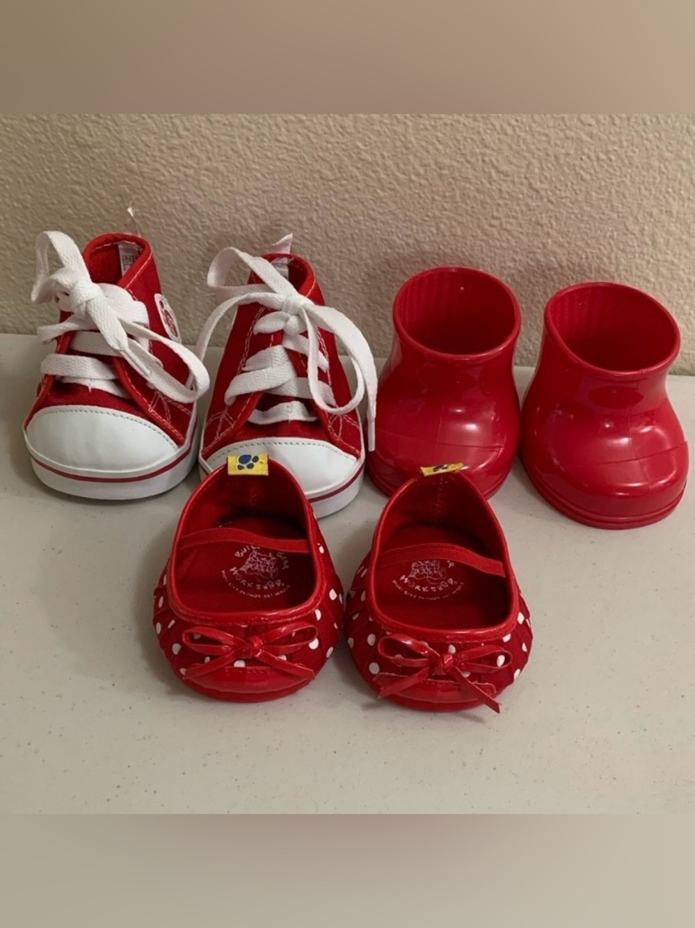 Build-A-Bear Red Shoe Lot-Tennis Shoes,Rain Boots, Polka Dot Mary Jane’s-3 Pairs